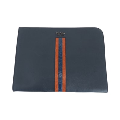 美品 PRADA プラダ サフィアーノ クロコダイル ロゴ ネイビー オレンジ シルバー金具 レザー クラッチバッグ セカンドバッグ 503258 【中古】