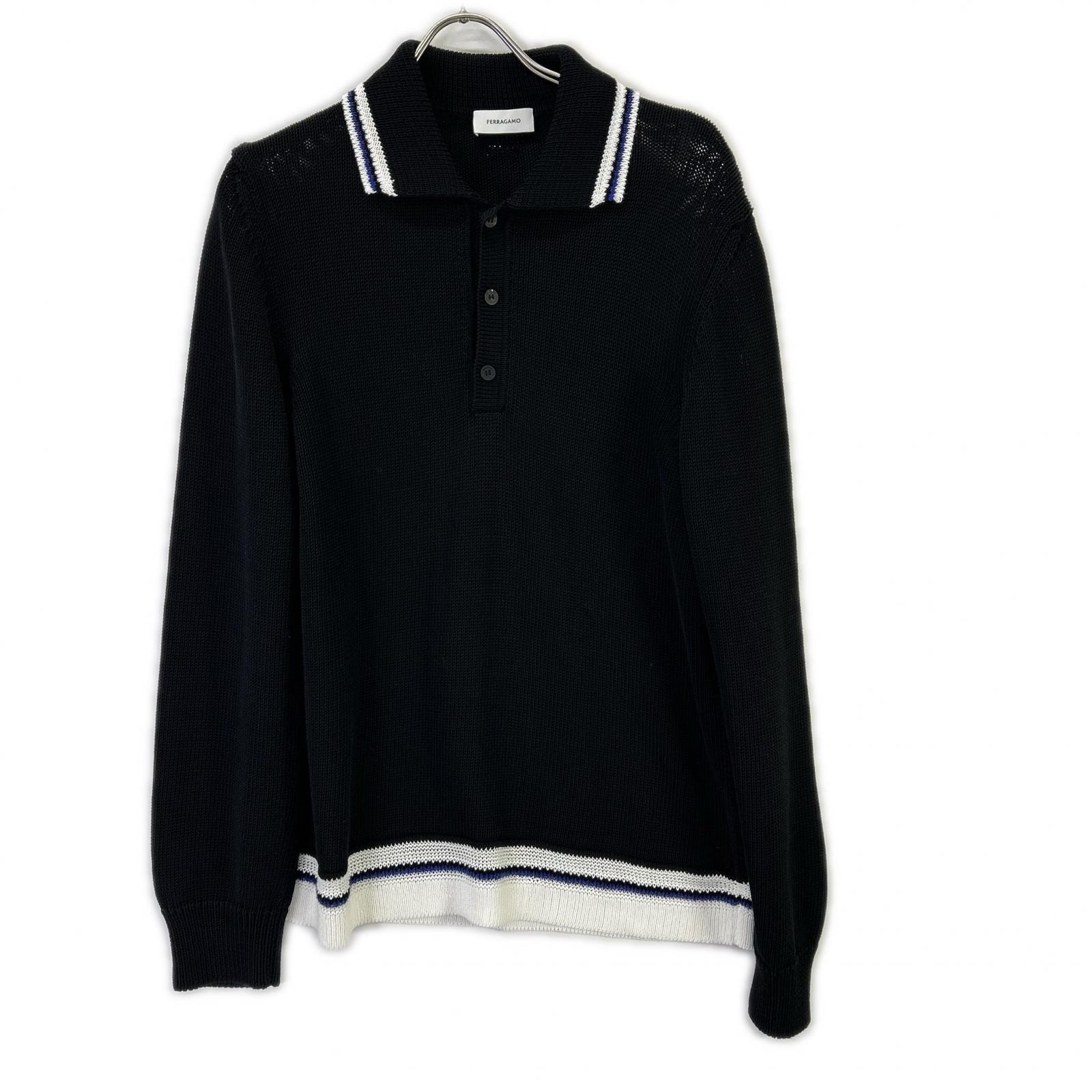 サルバトーレフェラガモ 122377 775740 24SS ブラック コットン long-sleeve polo shirt プルオーバーニットポロシャツ M