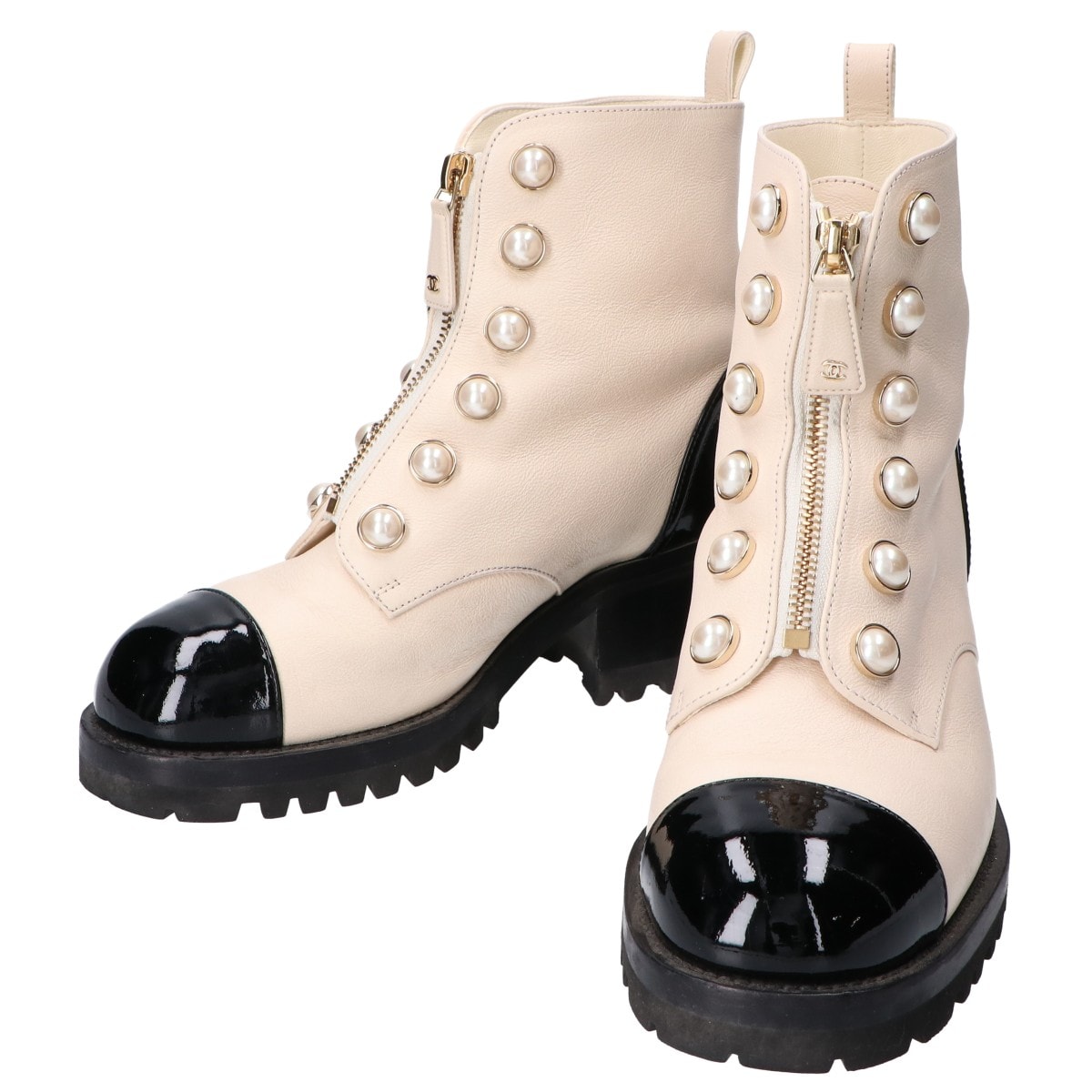 シャネル G45183 パール ココマーク パテントxレザー ショートブーツ 36C