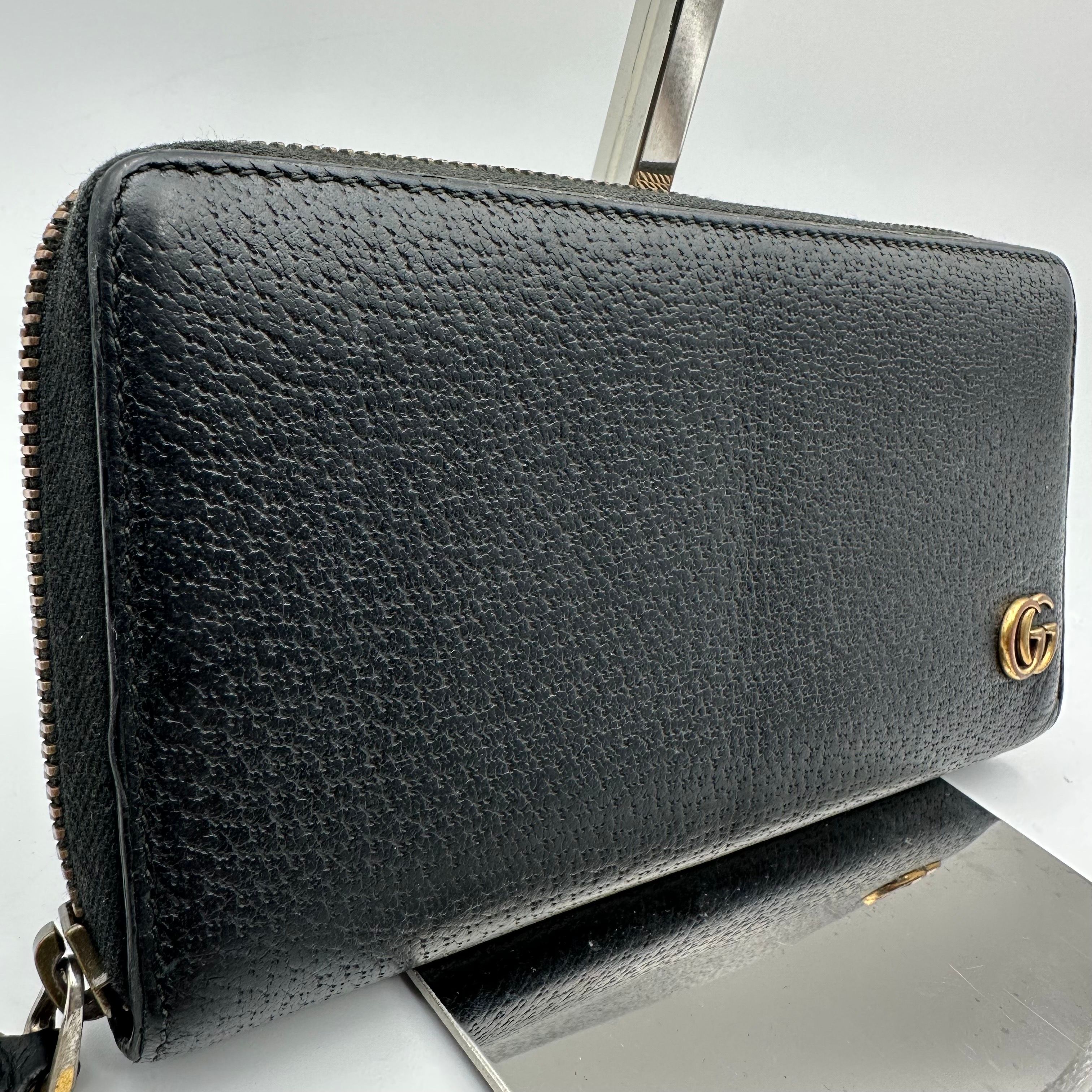 GUCCI GG Marmont Leather Zip Around Wallet "Black/Gold"