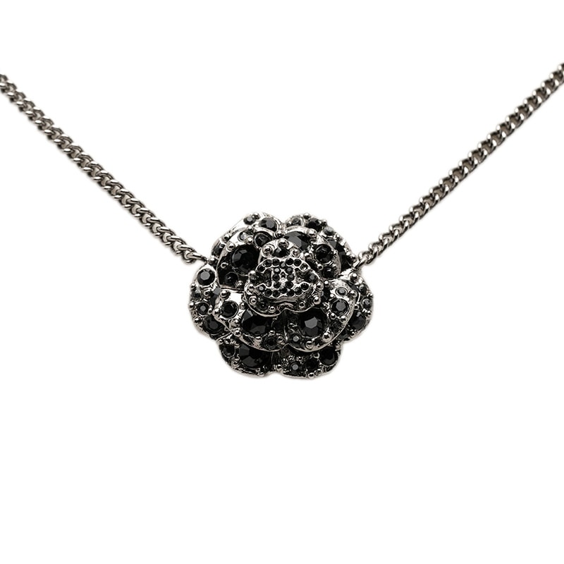 シャネル カメリア ココマーク ネックレス シルバー ブラック メタル ラインストーン レディース CHANEL 【中古】