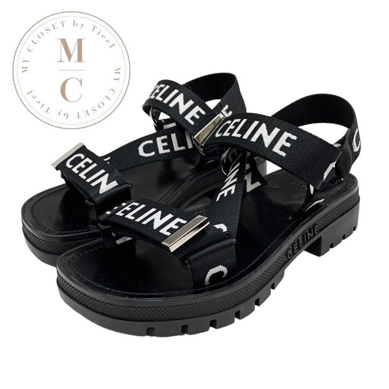 セリーヌ CELINE レオ ストラッピー サンダル 靴 シューズ ファブリック レザー ブラック ホワイト 黒 スポーツサンダル ロゴ ベルクロ