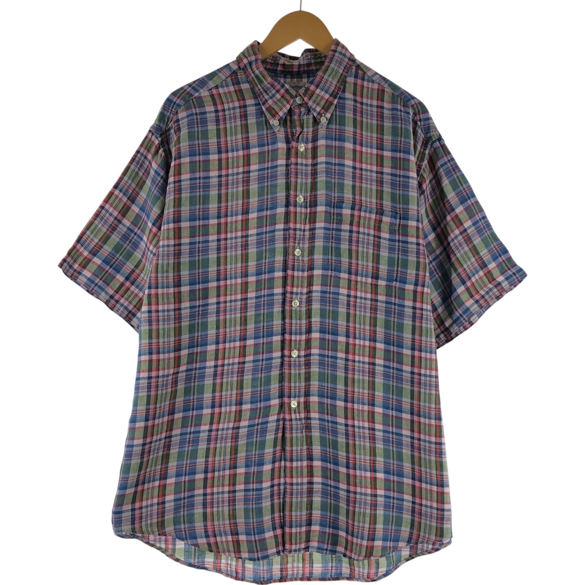 古着 ブルックスブラザーズ Brooks Brothers 346 チェック柄 半袖 リネン ボタンダウンシャツ メンズXL相当/eaa541070