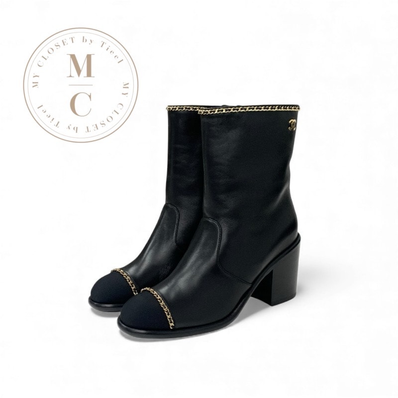 シャネル CHANEL ブーツ ショートブーツ 靴 シューズ レザー ファブリック ブラック ゴールド 未使用 ココマーク チェーン