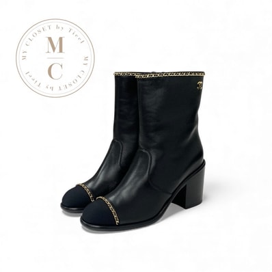 シャネル CHANEL ブーツ ショートブーツ 靴 シューズ レザー ファブリック ブラック ゴールド 未使用 ココマーク チェーン