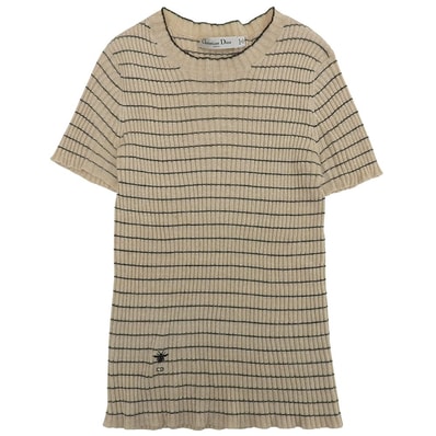 ディオール Bee刺繍 リネン×カシミヤ ショートスリーブ ボーダー ニットソー レディース ベージュ 38 124S24AM126 38