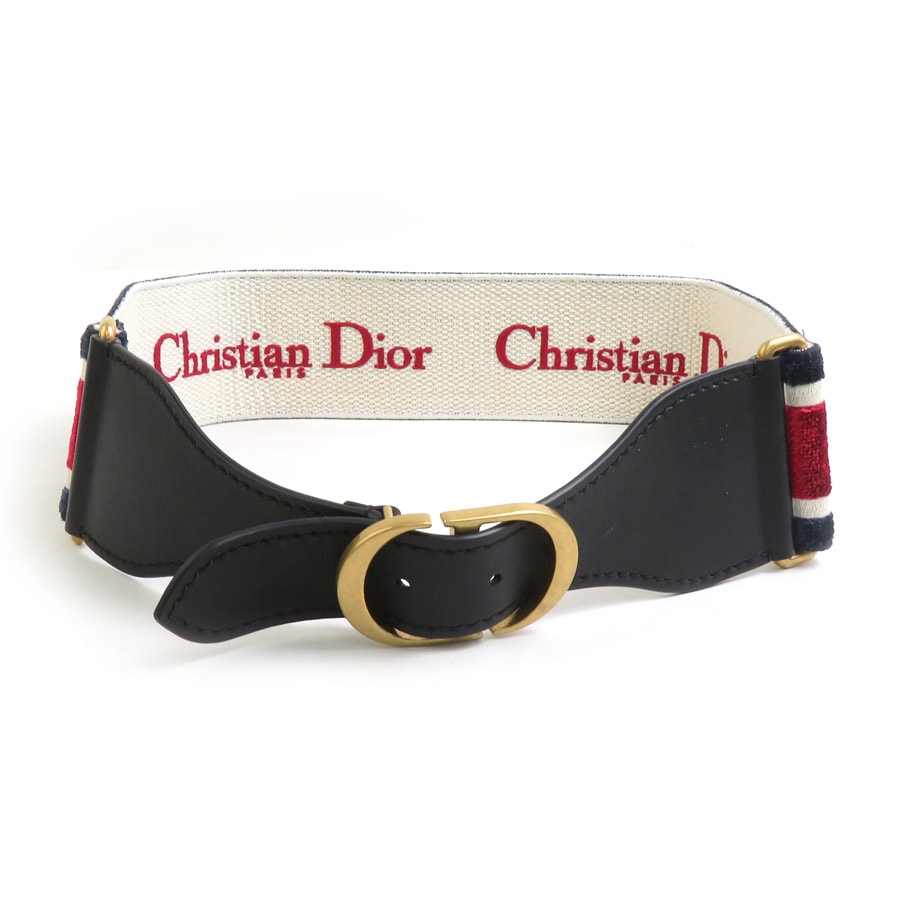 クリスチャンディオール Christian Dior ベルト ベロア/レザー ネイビー/レッド/オフホワイト ゴールド レディース【中古】 e60662g