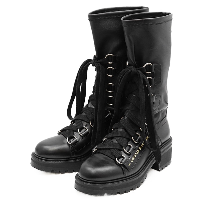 【新品同様】Christian Dior クリスチャンディオール レースアップブーツ レザー シグネチャー ロゴ ゴールド 刻印 CD メタルチャーム チャンキーソール 厚底 シューズ 革靴 レディース サイズ 36.5D ブラック 黒 イタリア製