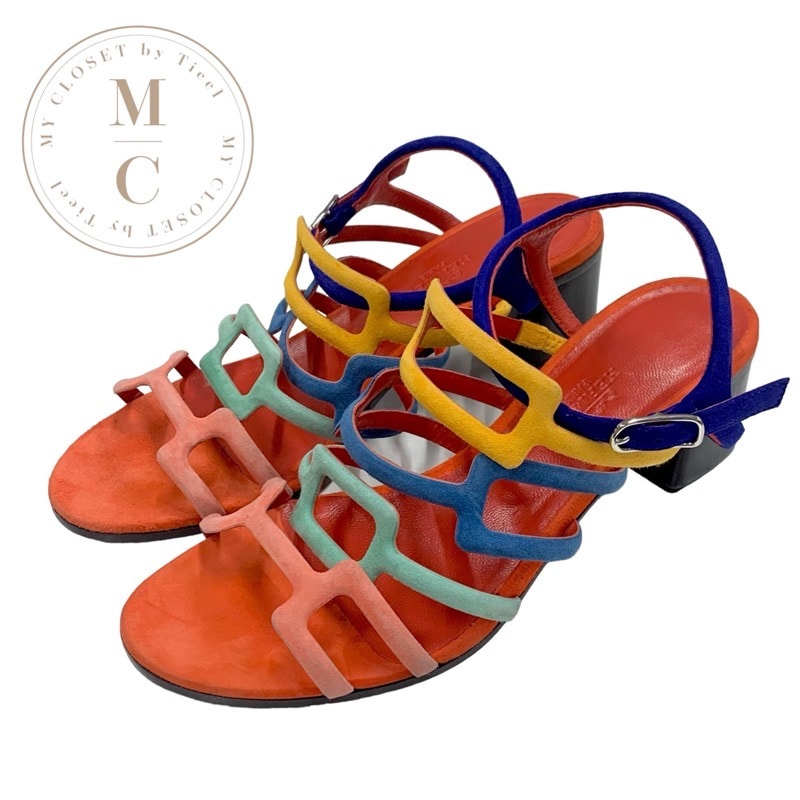 エルメス HERMES サンダル 靴 シューズ スエード マルチカラー スクエア