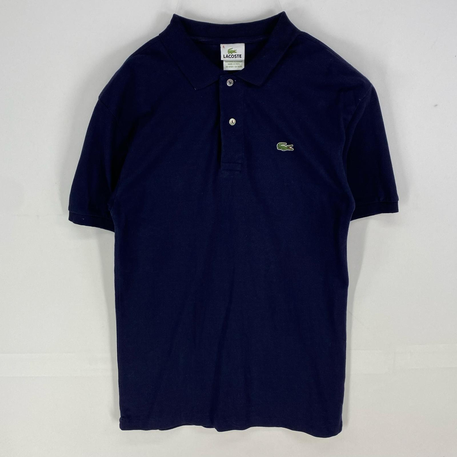 古着 ラコステ LACOSTE 鹿の子 半袖シャツ ワンポイント ロゴ刺繍 ポロシャツ ショートスリーブ FR4=US M  ネイビー系 無地 メンズ
