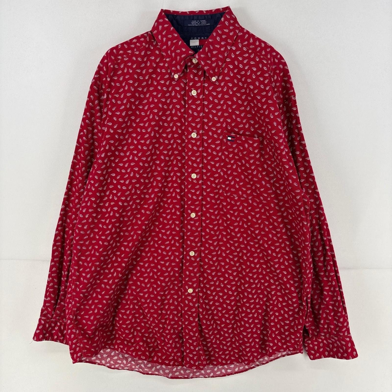 古着 90's/90年代 トミーヒルフィガー TOMMY HILFIGER 長袖シャツ ワンポイント 胸ポケット ペイズリー柄 L  レッド 総柄 メンズ