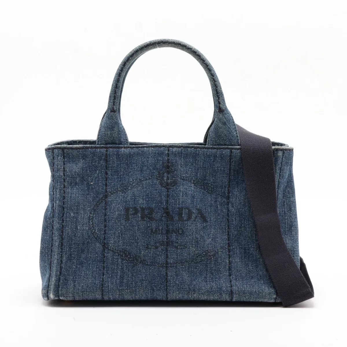■美品 プラダカナパ デニム ブルー トライアングルロゴショルダーバッグ