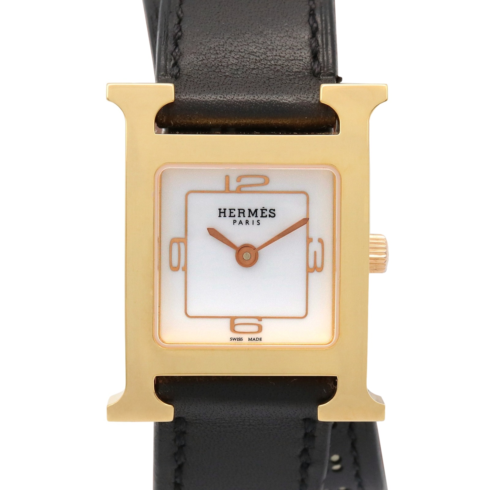 エルメス HERMES Hウォッチ ドゥブルトゥール 腕時計 時計 GP(ゴールドメッキ) レザーベルト レディース ホワイト系 HH1.202 【中古】