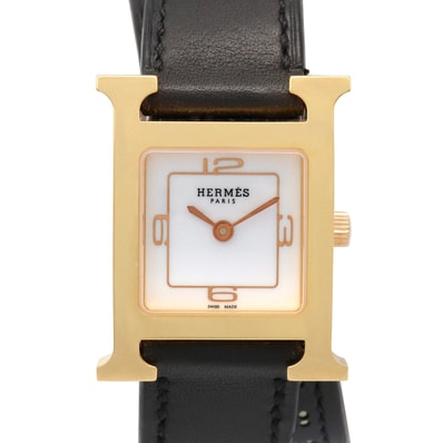 エルメス HERMES Hウォッチ ドゥブルトゥール 腕時計 時計 GP(ゴールドメッキ) レザーベルト レディース ホワイト系 HH1.202 【中古】