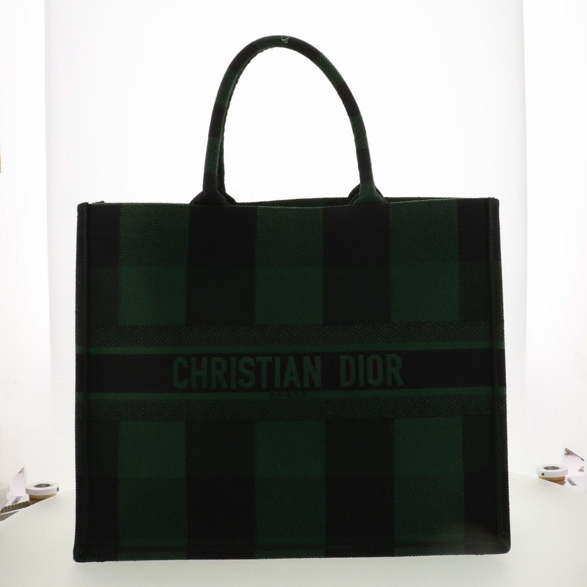 Christian Dior クリスチャンディオール ブックトート ラージバッグ チェックンディオール トートバッグ キャンバス グリーン ブラック チェック柄  レディース【中古】