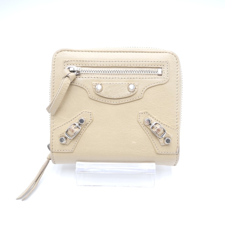 BALENCIAGA(バレンシアガ)クラシック コンパクトウォレット 二つ折り財布 ベージュ レザー シルバー金具 レディース 310699【中古】
