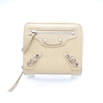 BALENCIAGA(バレンシアガ)クラシック コンパクトウォレット 二つ折り財布 ベージュ レザー シルバー金具 レディース 310699【中古】