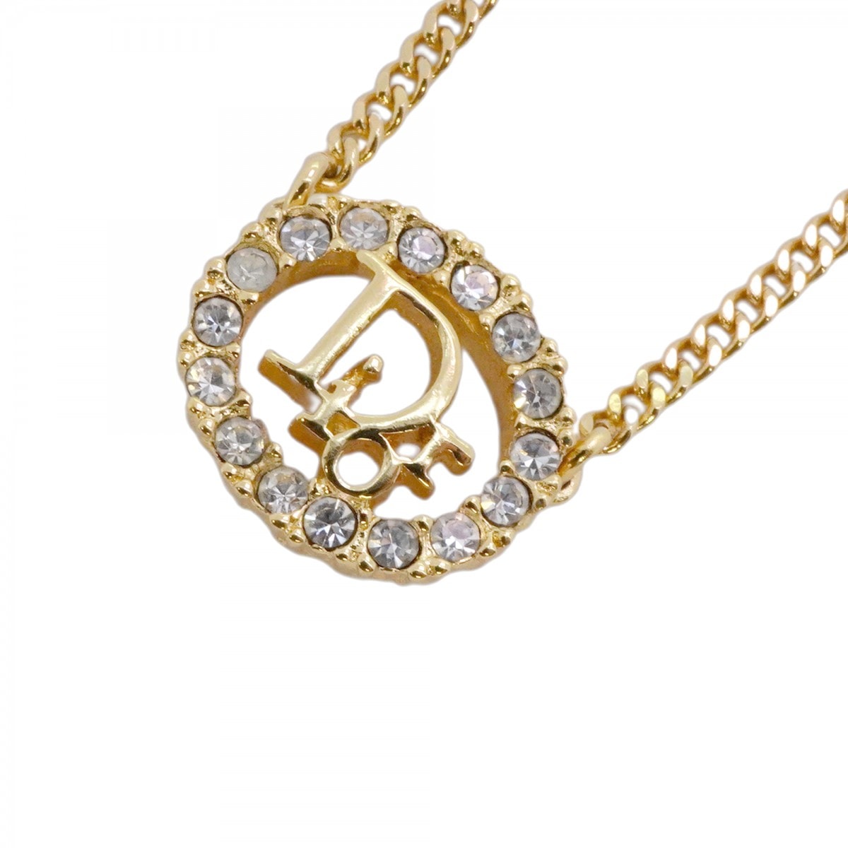 【6jdb0505-k】クリスチャンディオール ネックレス ディオールロゴ オーバル GPメッキ ラインストーン ゴールド【中古】レディース