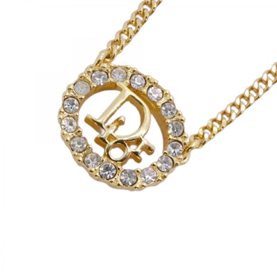 【6jdb0505-k】クリスチャンディオール ネックレス ディオールロゴ オーバル GPメッキ ラインストーン ゴールド【中古】レディース