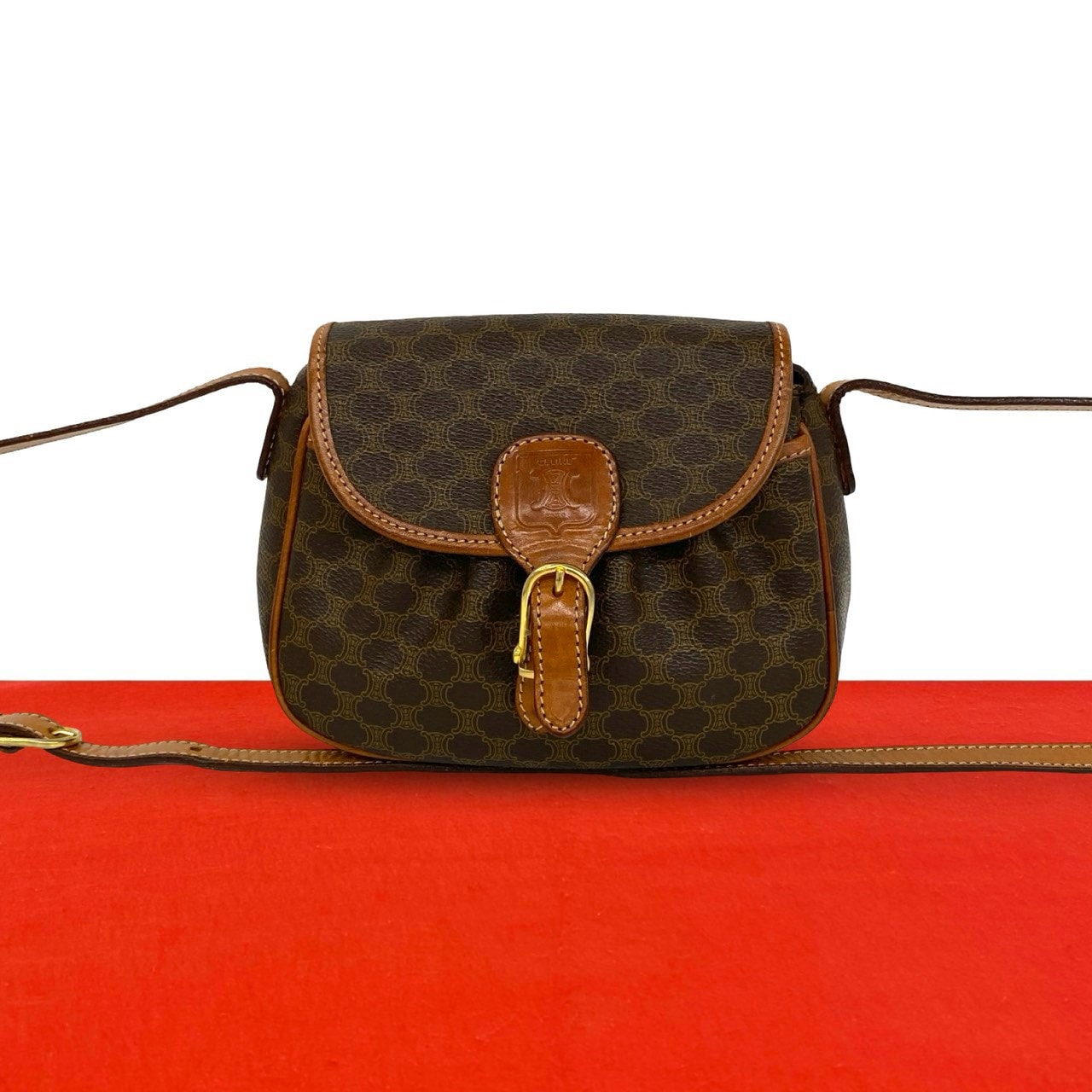 CELINE セリーヌ マカダム ブラゾン 柄 ロゴ レザー PVC ショルダーバッグ ブラウン
62344