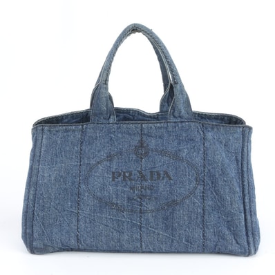 ■美品 プラダカナパ デニム ブルートート バッグ