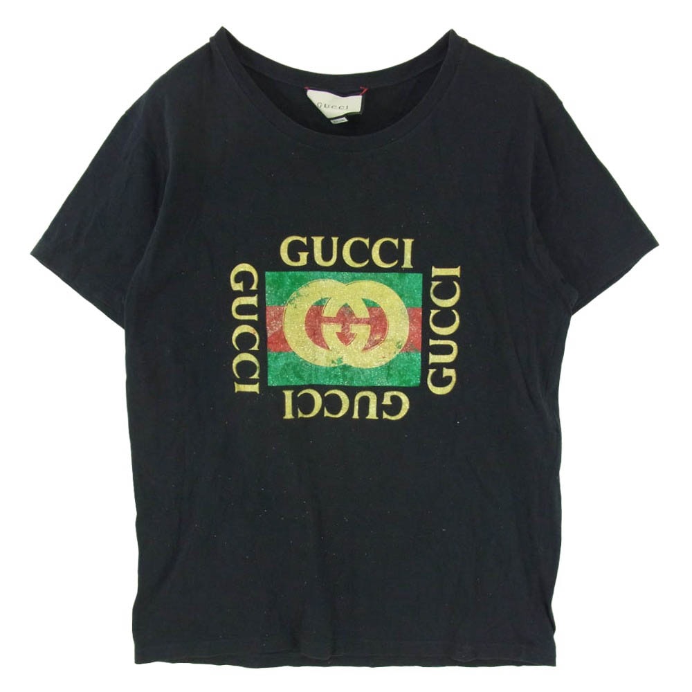 GUCCI グッチ 17AW 493117 X3H07 Vintage Glitter Logo Print T-shirt ヴィンテージ グリッター ラメ ロゴ プリント 半袖 Tシャツ ブラック系 M【中古】