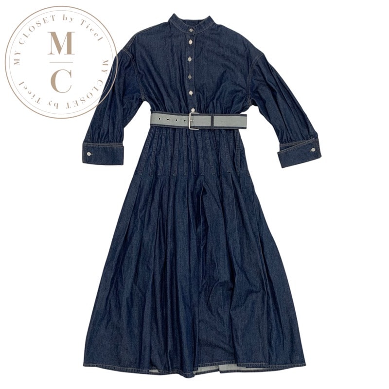 クリスチャンディオール CHRISTIAN DIOR ワンピース コットン ブルー シルバー デニム 半袖 ロゴ ベルト フレアドレス ロング