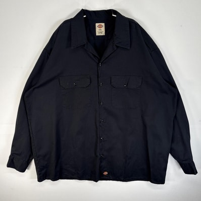 古着 ディッキーズ Dickies 長袖シャツ ワーク 作業着 フラップポケ 大きいサイズ ワンポイント ロゴ 2XL ブラック 無地 メンズ