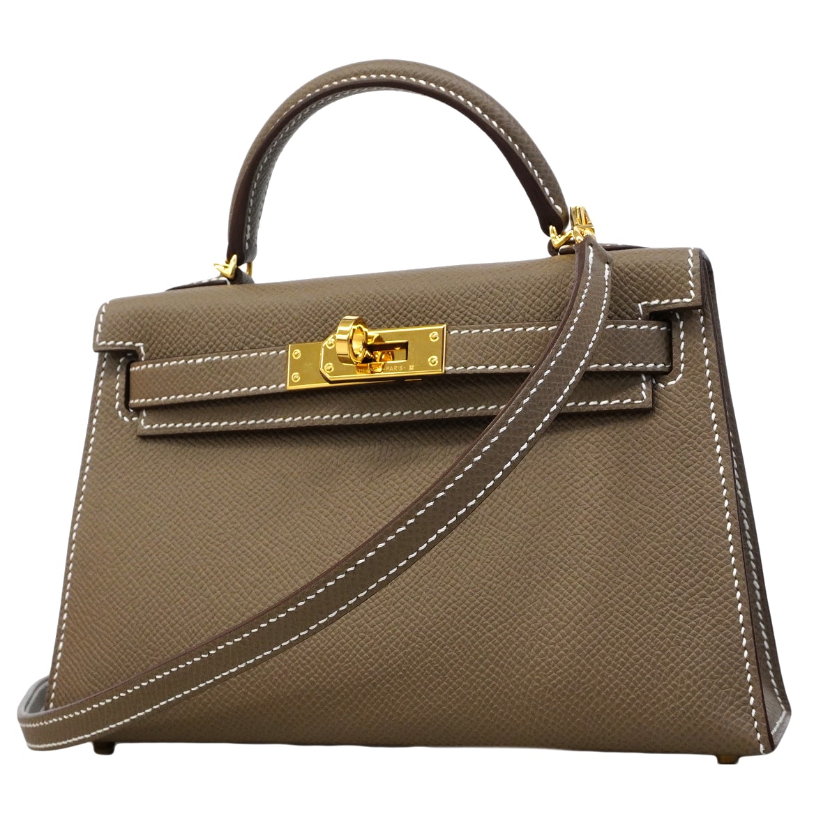 ★SALE【6fc3761-g】エルメス ハンドバッグ ミニケリー2 ヴォーエプソン エトゥープ ゴールド金具 W刻印 2wayバッグ【中古】レディース