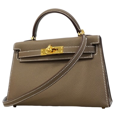 ★SALE【6fc3761-g】エルメス ハンドバッグ ミニケリー2 ヴォーエプソン エトゥープ ゴールド金具 W刻印 2wayバッグ【中古】レディース