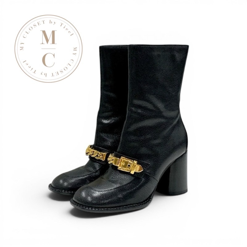 グッチ GUCCI ブーツ ショートブーツ 靴 シューズ チェーンベルト レザー ブラック 黒 ゴールド