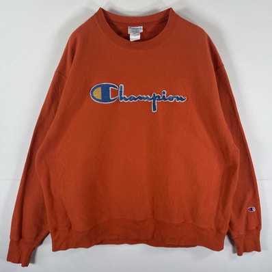 古着 チャンピオン Champion スウェット リバースウィーブ トレーナー ワッペン 大きいサイズ ビッグロゴ 2X LARGE オレンジ メンズ