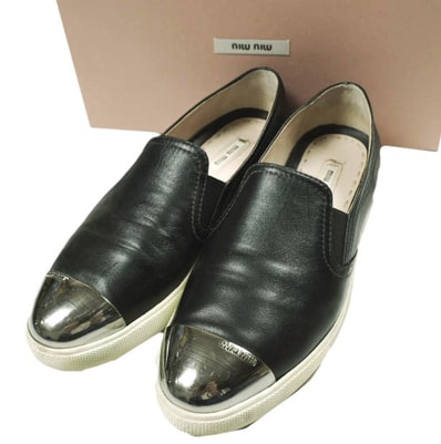 MIU MIU ミュウミュウ メタリックトゥ レザースリッポン 5S9563 38(25cm) BLACK サイドゴア スニーカー シューズ g26865