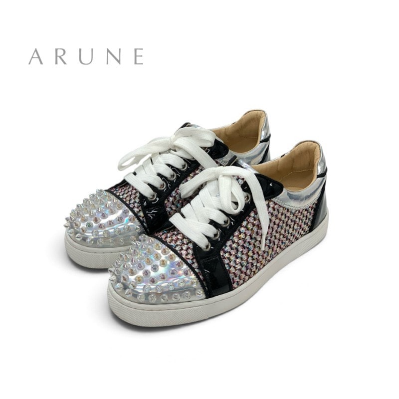 クリスチャンルブタン Christian Louboutin スニーカー 靴 シューズ パテント レザー グレー オーロラ ブラック スパイク スタッズ