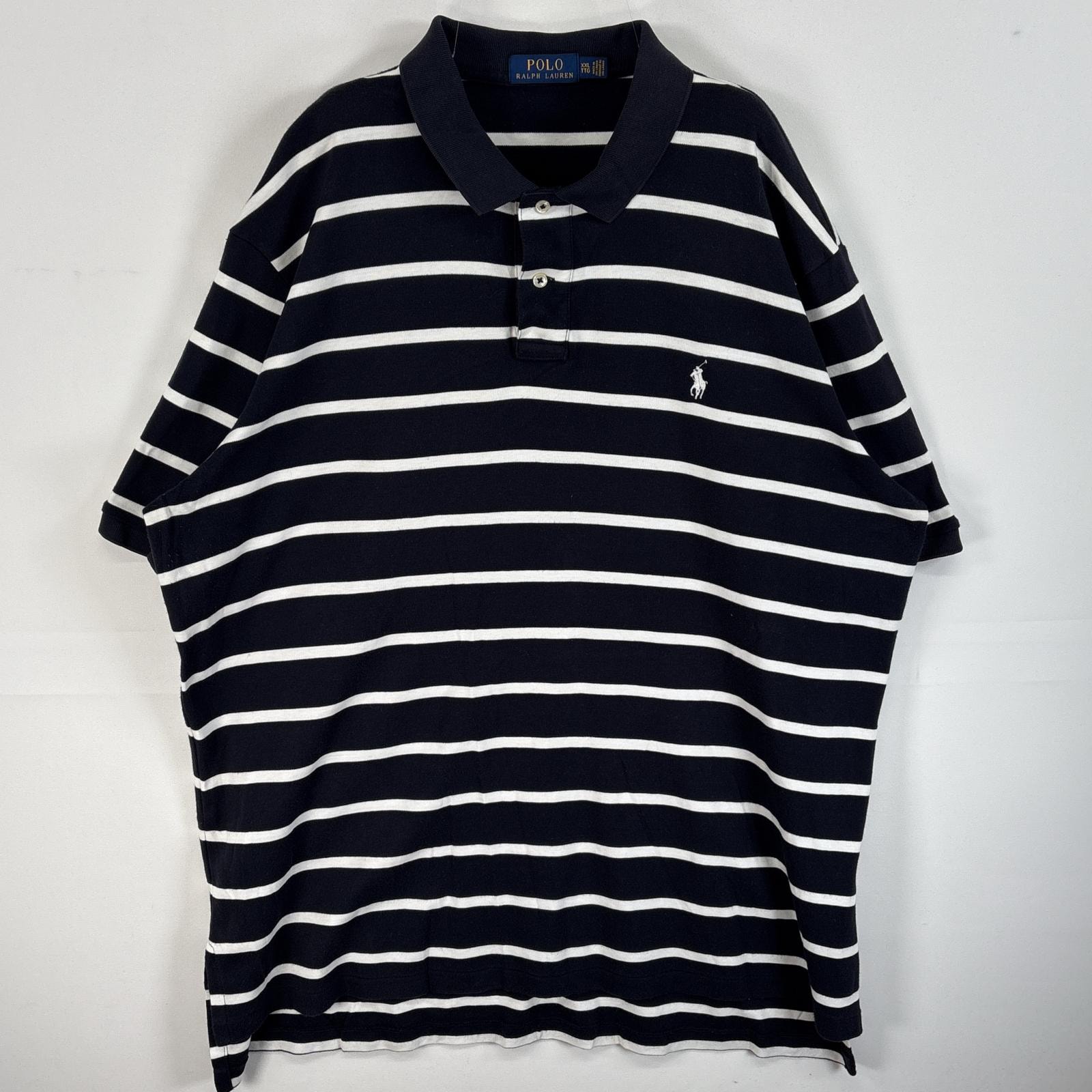 古着 ポロ・ラルフローレン POLO RALPH LAUREN 半袖 ポロシャツ ロゴ 刺繍 大きいサイズ 2ボタン 14041  ブラック系 ボーダー メンズ