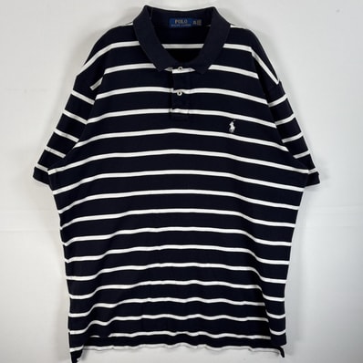 古着 ポロ・ラルフローレン POLO RALPH LAUREN 半袖 ポロシャツ ロゴ 刺繍 大きいサイズ 2ボタン 14041 ブラック系 ボーダー メンズ