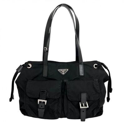 PRADA プラダ トートバッグ ロゴプレート 肩掛け BR3257 ナイロン レザー ブラック 黒 シルバー金具 レディース【中古品】