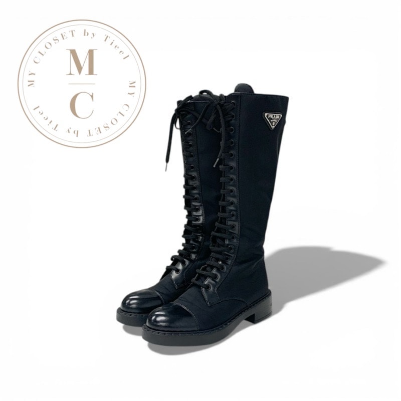 プラダ PRADA ブーツ ロングブーツ 靴 シューズ ナイロン ブラッシュドレザー ブラック 黒 Re-Nylon トライアングルロゴ