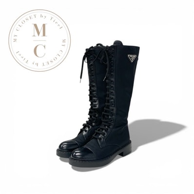 プラダ PRADA ブーツ ロングブーツ 靴 シューズ ナイロン ブラッシュドレザー ブラック 黒 Re-Nylon トライアングルロゴ