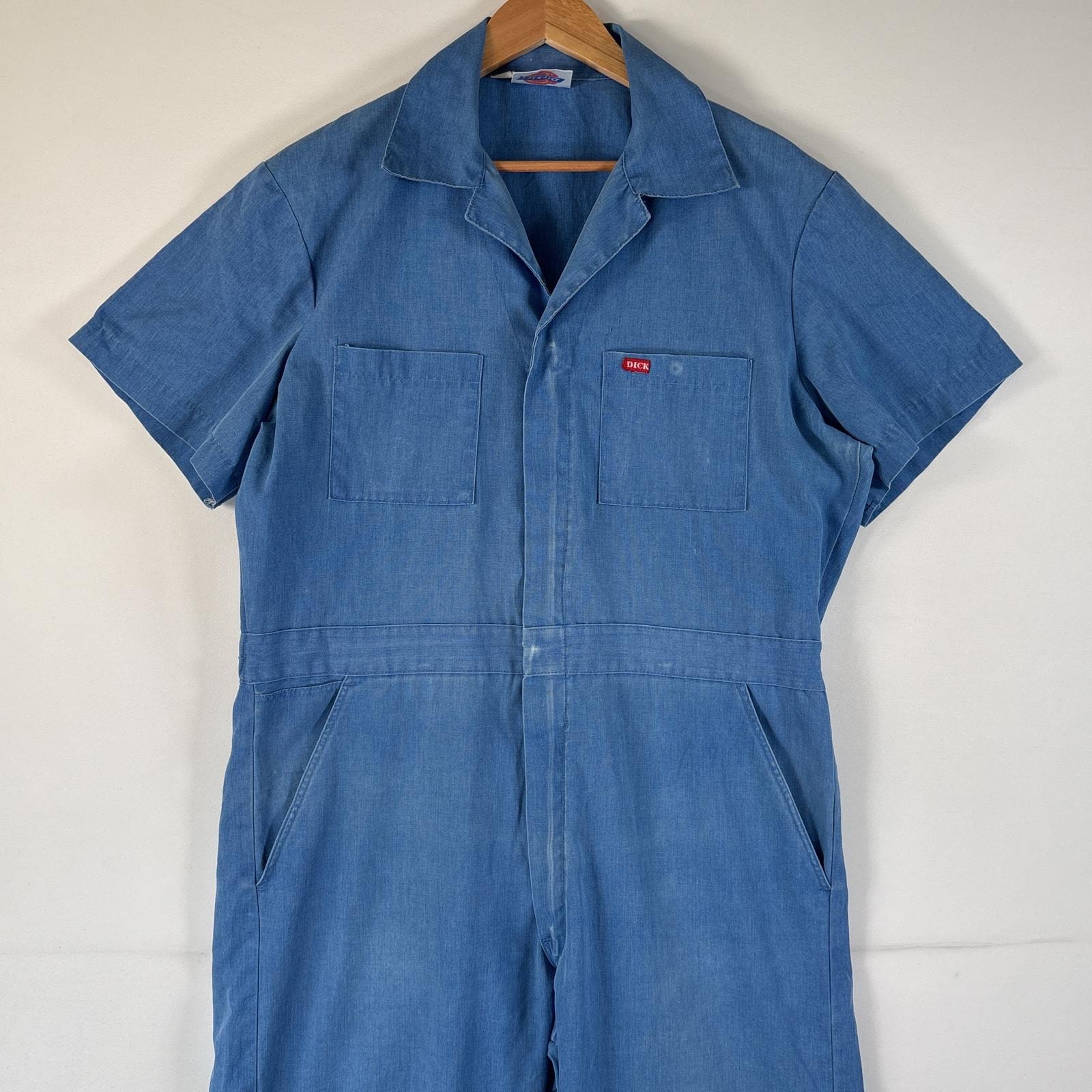 古着 90's/90年代 ディッキーズ Dickies 半袖つなぎ オールインワン ワークウェア 作業着 ジャンプスーツ ワンポイントロゴ 水色系 メンズ