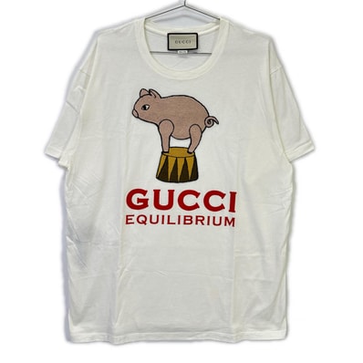 グッチ 615044 ホワイト ピッグ刺繍 Tシャツ L