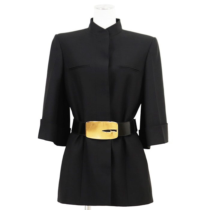 【希少/極美品】GUCCI グッチ ベルテッドジャケット サイズ 42 レディース スタンドカラー フライフロント 七分袖 フレアスリーブ ゴールドバックル 無地 ウール × シルク アウター ベルト・袋付属 ブラック 黒 イタリア製
