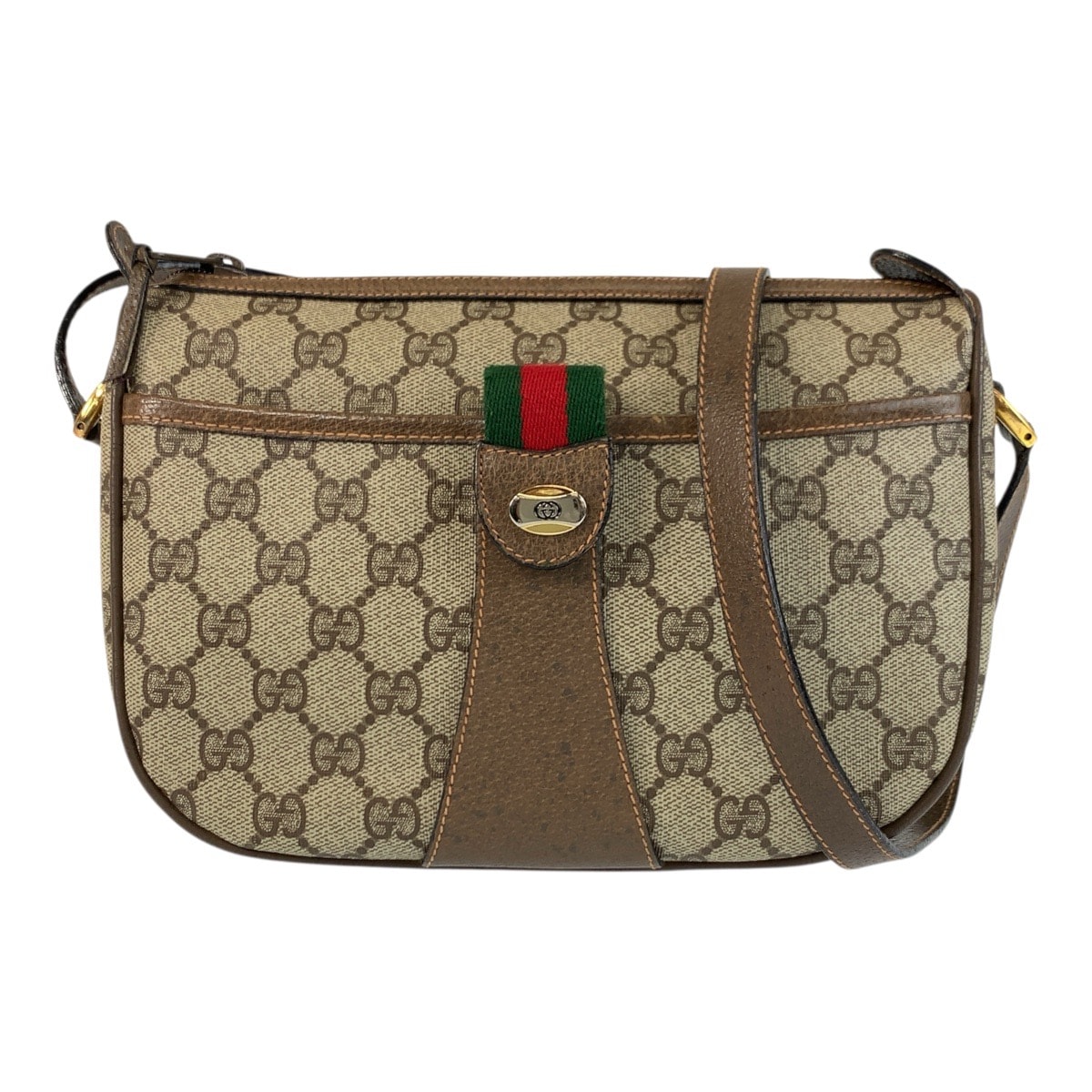 美品 GUCCI グッチ ヴィンテージ シェリーライン ベージュ ブラウン ゴールド金具 GGスプリームキャンバス レザー/ ショルダーバッグ ポシェット 505738 【中古】