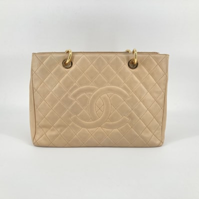 CHANEL(シャネル) GSTチェーンショルダー キャビアスキン レザー ゴールド金具 16番台 A50995 トートバッグ ベージュ×ゴールド