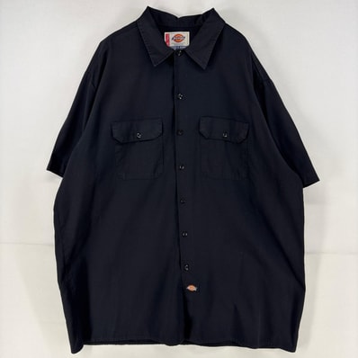 古着 ディッキーズ Dickies 半袖シャツ ワーク 胸ポケット ワンポイント ロゴ 大きいサイズ 作業着 2XL ブラック メンズ