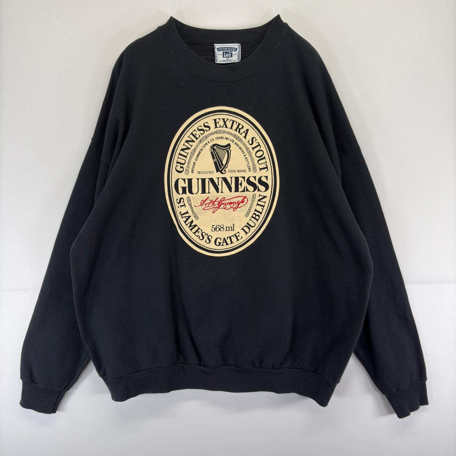 古着 90's/90年代 リー Lee USA製 スウェット プルオーバー プリント クルーネック ギネス 大きいサイズ 2XL  ブラック メンズ