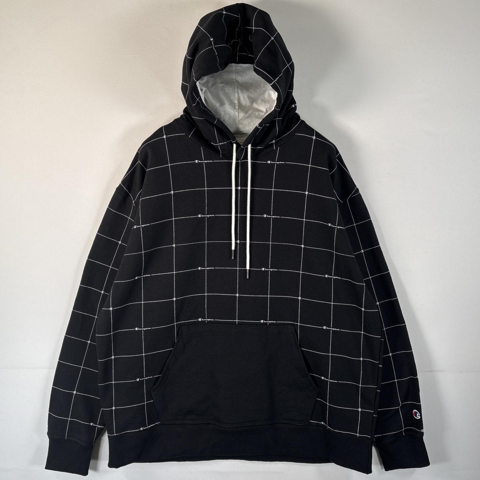 古着 チャンピオン Champion パーカー ロゴプリント 大きいサイズ フーディ マフポケット プルオーバー XL  ブラック 総柄 メンズ