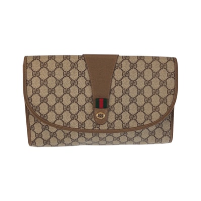 美品 GUCCI グッチ ヴィンテージ シェリーライン オールドグッチ ベージュ ブラウン ゴールド金具 PVC レザー/ クラッチバッグ セカンドバッグ 600223 【中古】