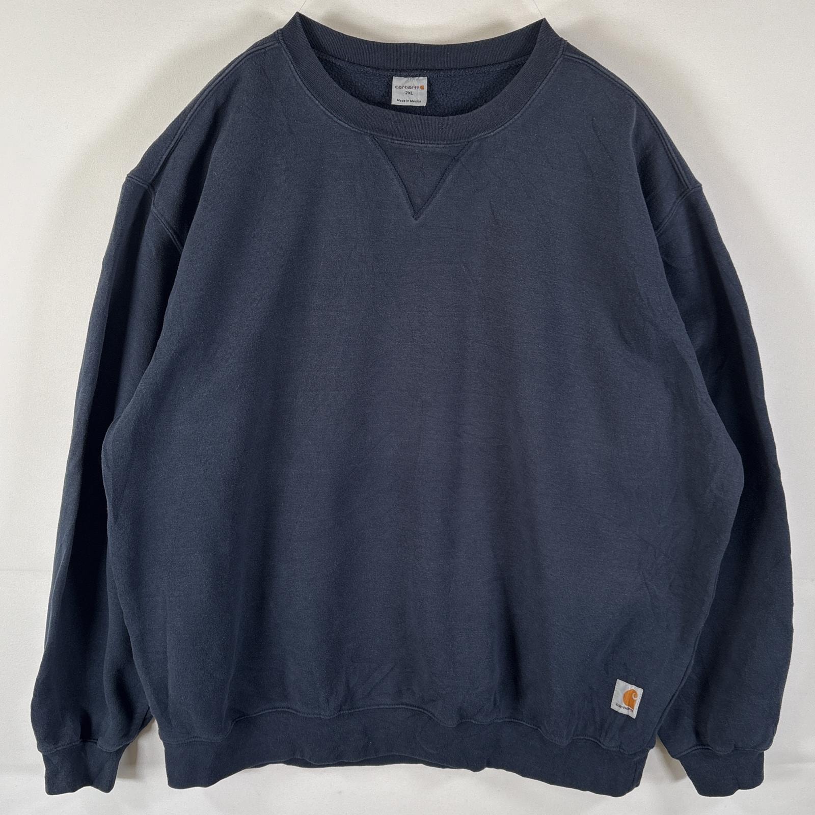 古着 カーハート Carhartt スウェット トレーナー 大きいサイズ クルーネック 無地 ワンポイントロゴ 前V 2XL ネイビー メンズ