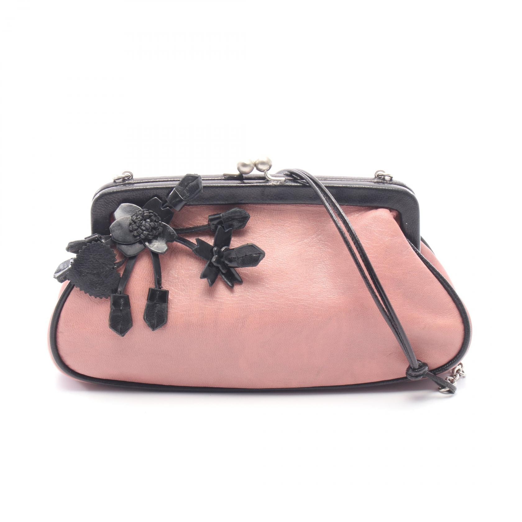 プラダ PRADA トライアングルロゴ がま口 ショルダーバッグ バッグ レザー レディース ピンク系 / ブラック系 【中古】